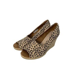 Tom's Women's Peep Toe Wedge Cheetah Leopard Canvas Espadrilles 9.5